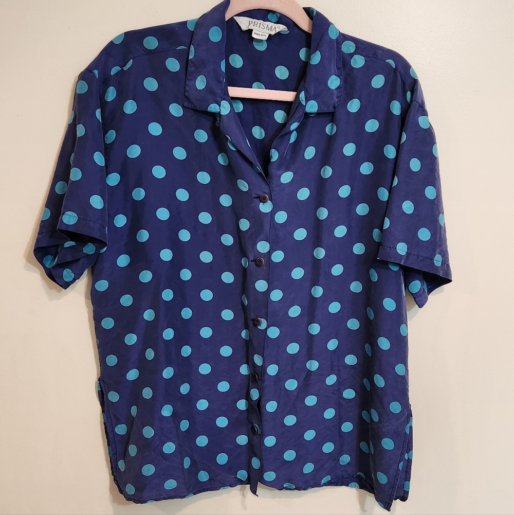 Vintage Prisma Blue and Turquoise Silk Fabric Button-down Blouse. Size 42.